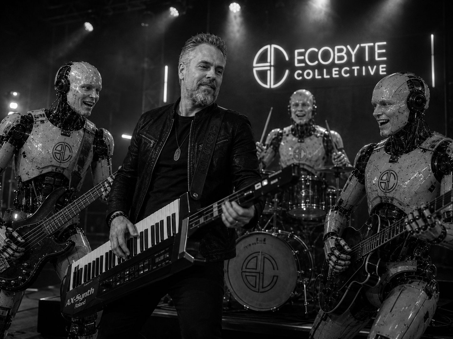 Dave Yeubanks on stage with a keytar, flanked by the Collective